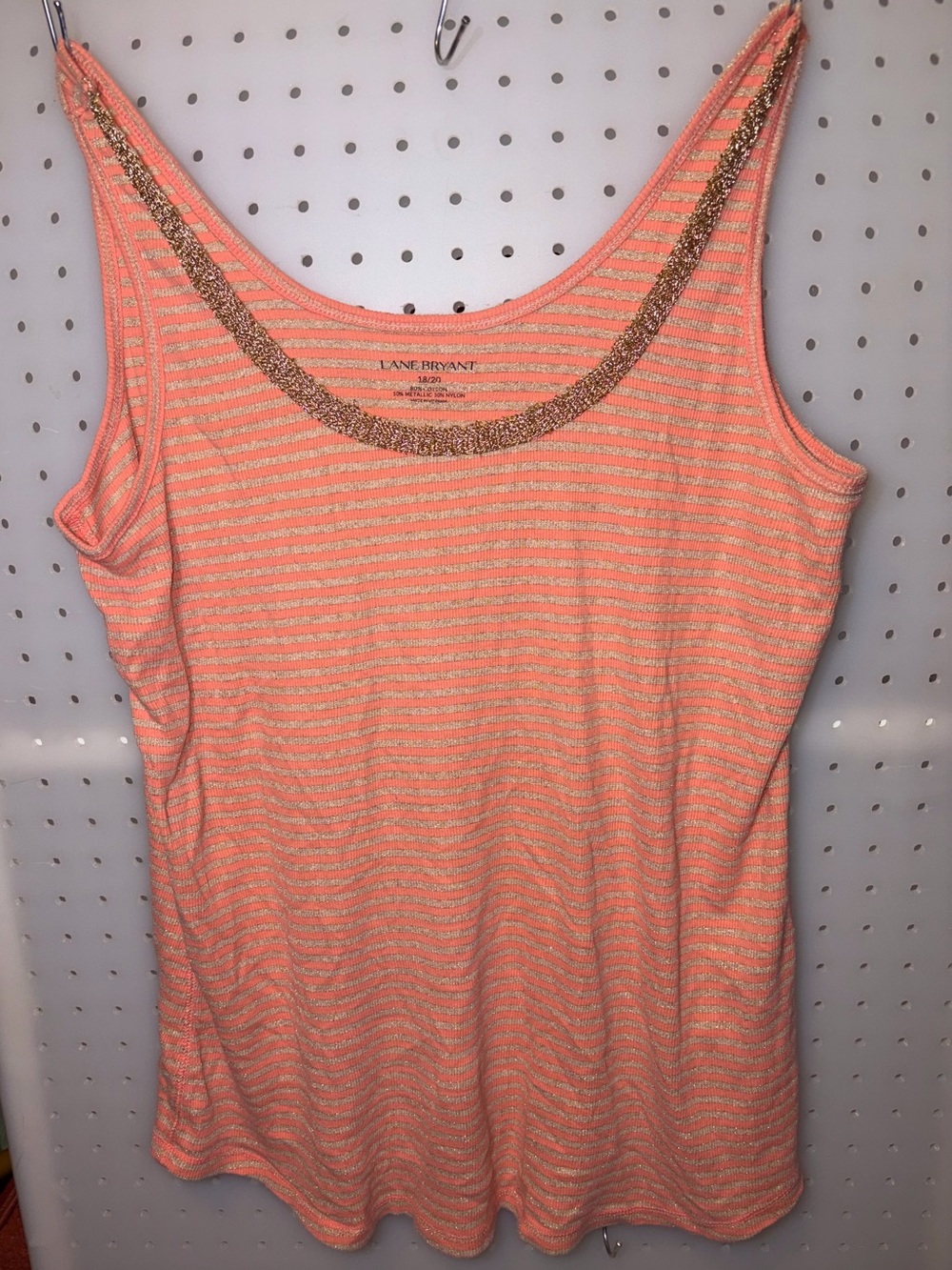 Lane Bryant Coral and Gold Metallic Striped Scoop Neck Tank Top 18/20